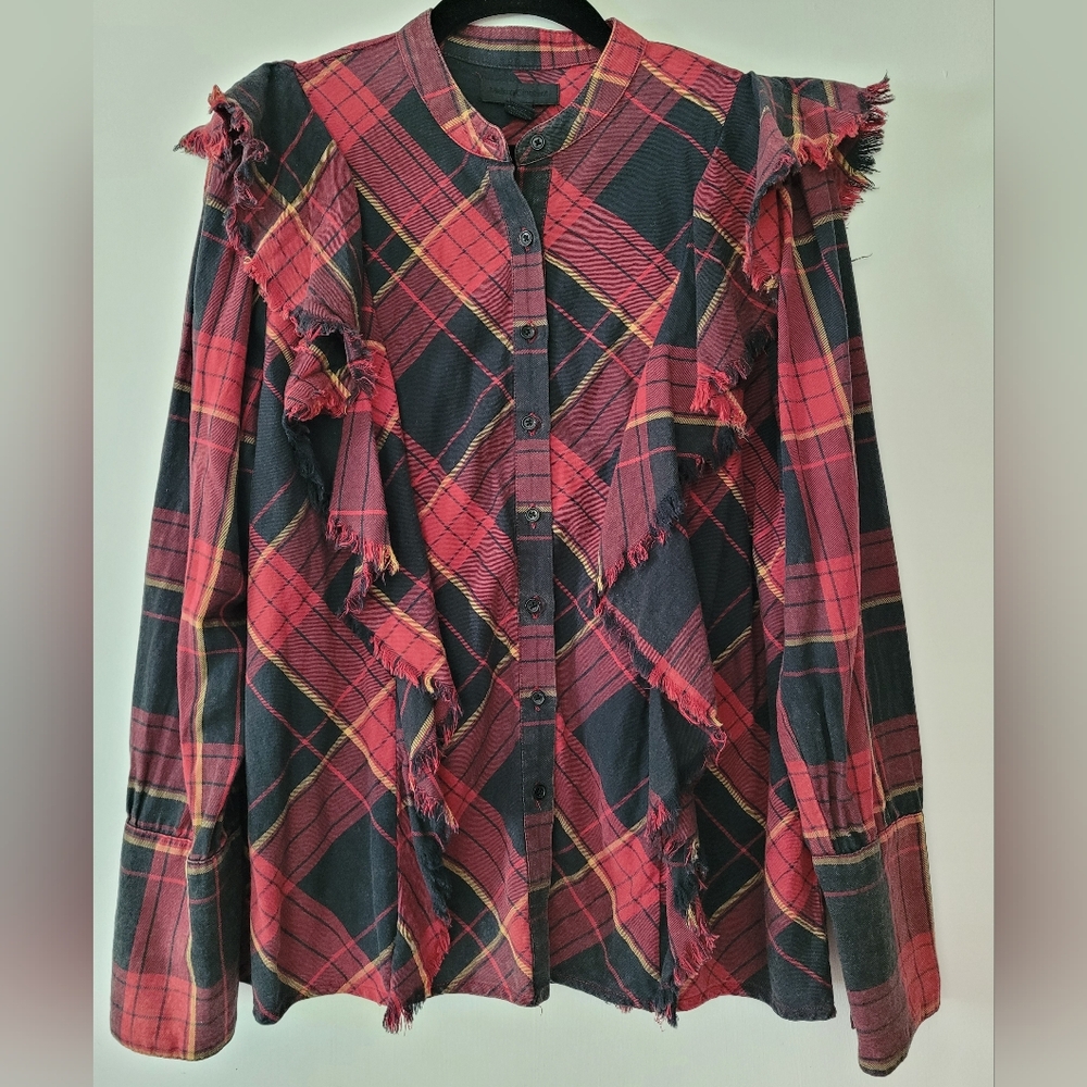Maison Cinqcent Distressed Hem Plaid Whimsigoth Button Down L